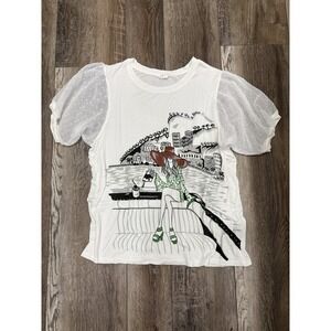 Love & Lace Graphic T Shirt Womens‎ Large White Embellished Whimsical Romantic